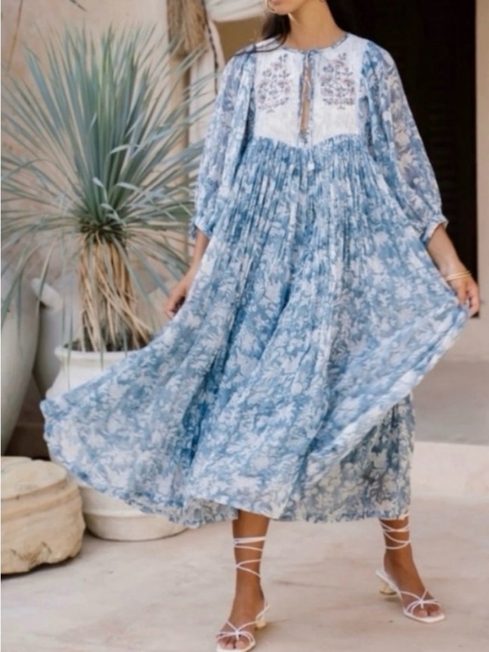 Daughters of India whimsy fairy Blue Floral Embroidered Long Sleeve Dress